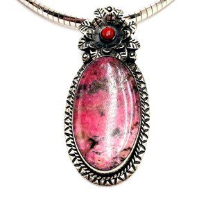 Womens Necklace Sterling Silver Rhodonite Pendant 16 Inch Necklace 60 Gram